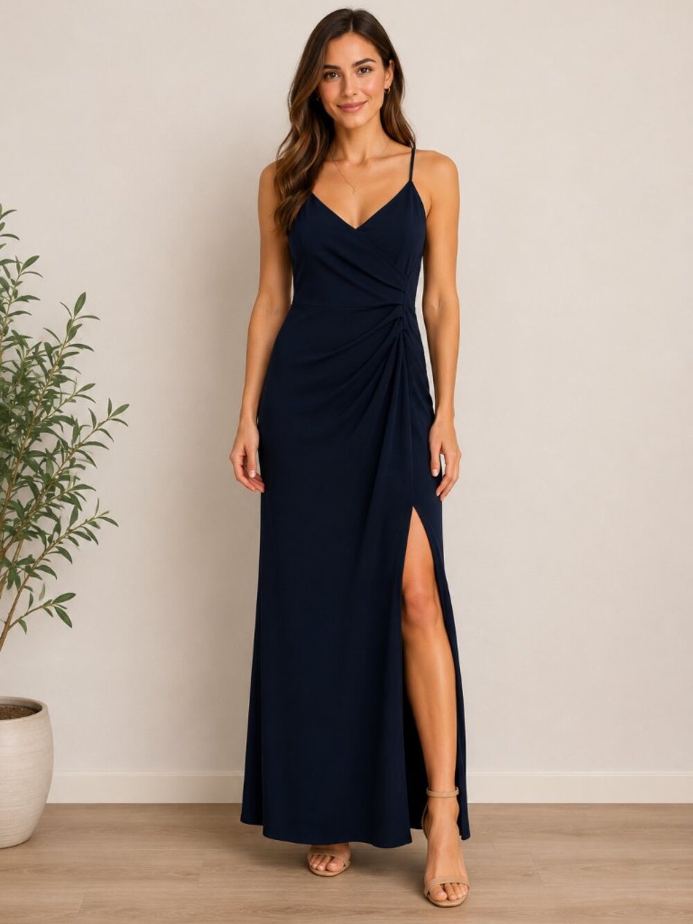 Navy Blue Ruched Faux Wrap Maxi Dress with Side Slit